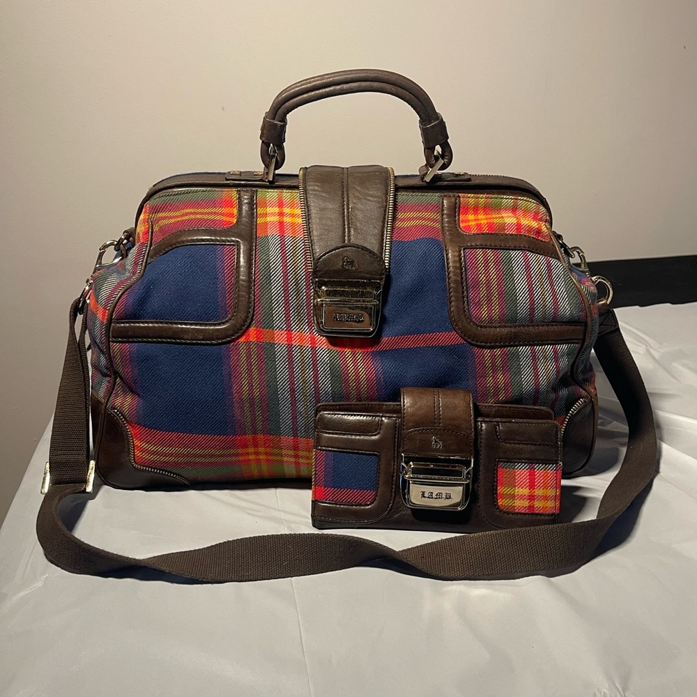 Sale🔥 L.A.M.B. Tartan Plaid Red & Blue Crossbody Bag Duffel Bag Matching Wallet.